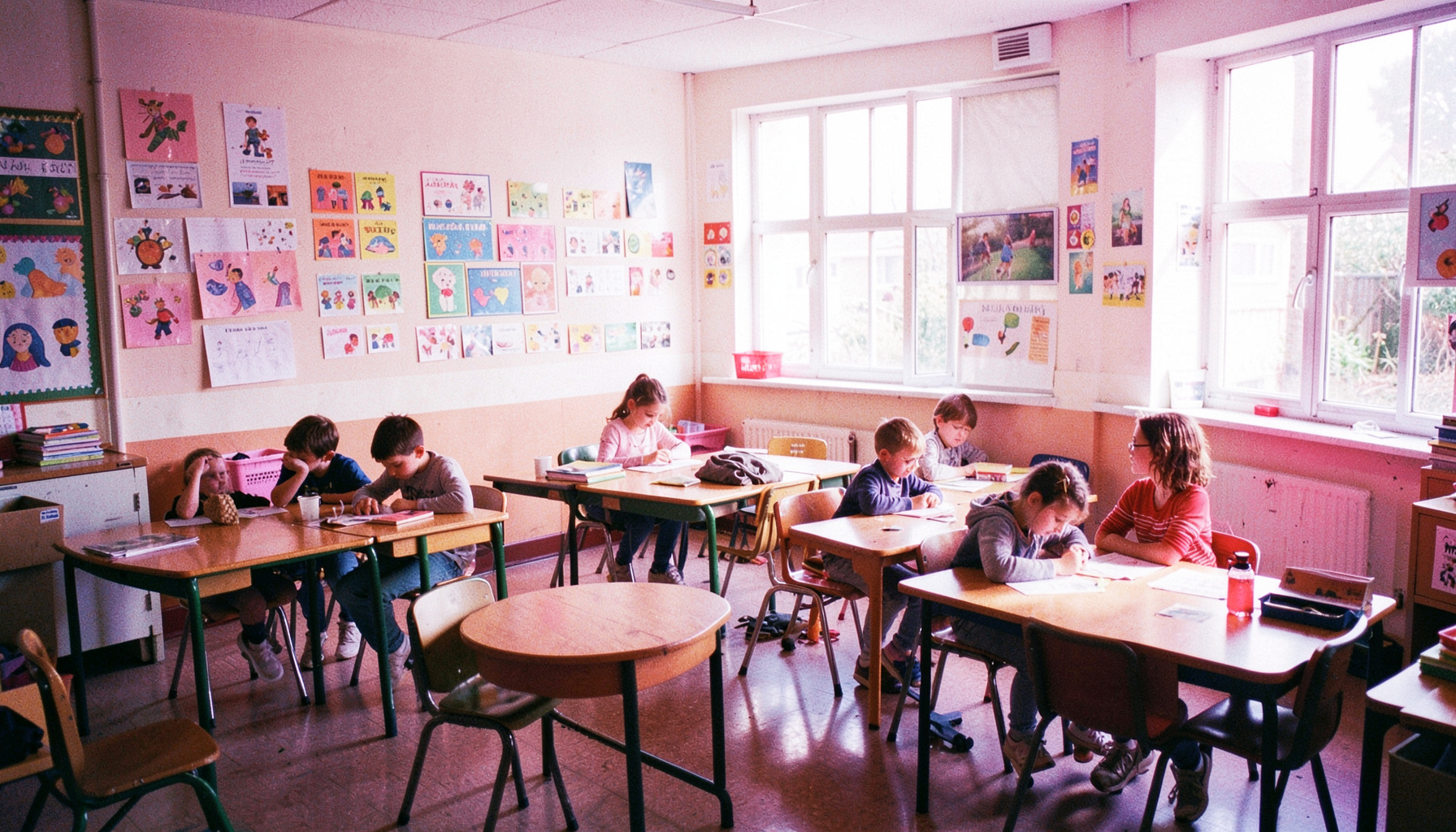A bright primary classroom with colourful wall displays and desks arranged in small groups, natural light streaming through large windows